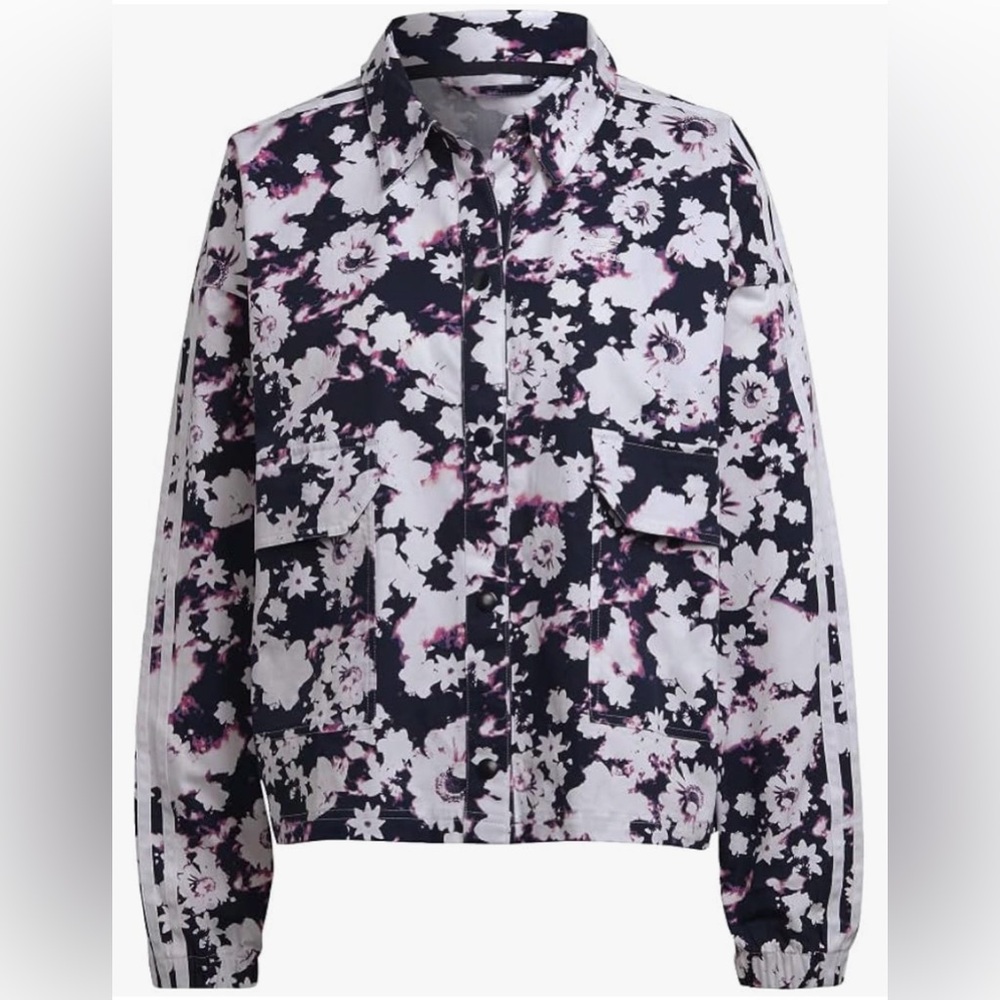 adidas Black & White Floral Cropped Track Jacket with Pink Details